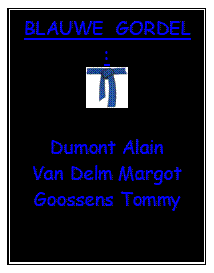 Tekstvak: BLAUWE  GORDEL :
 

Dumont Alain 
Van Delm Margot   Goossens Tommy
